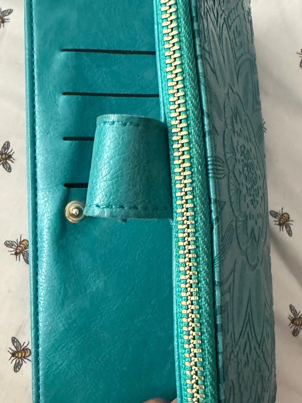 Teal Embossed Floral Wallet Phone Case with Wrist Strap iPhone 13 ProMax